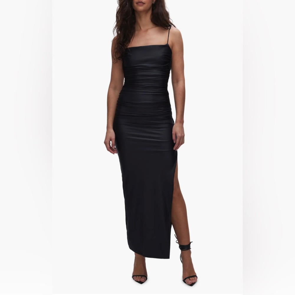 Good American Ruched Satin Black Slip Dress